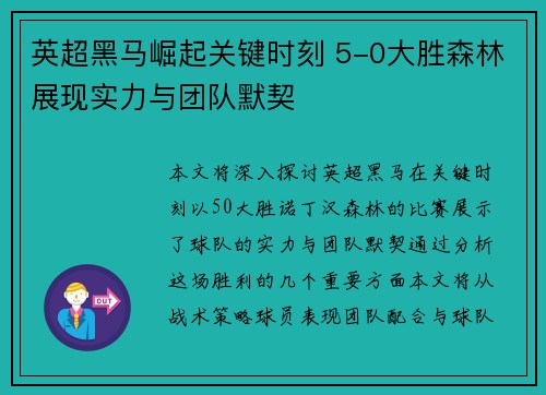 英超黑马崛起关键时刻 5-0大胜森林展现实力与团队默契