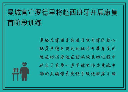 曼城官宣罗德里将赴西班牙开展康复首阶段训练 曼城官宣罗德里将赴西班牙开展康复首阶段训练